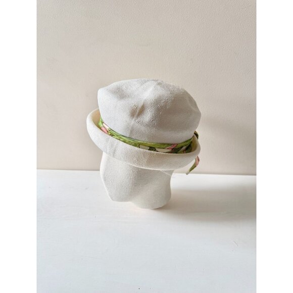 Vintage White Basketweave Green Pink Satin Twill Tie Bucket Hat - Picture 2 of 16